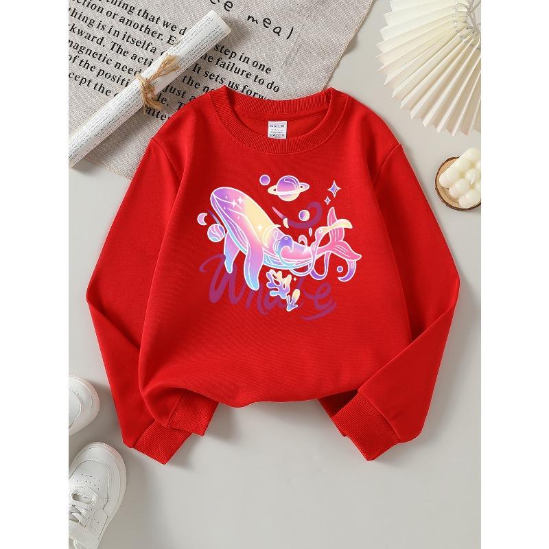 European Sizes Girls' Soft Crewneck Sweatshirt, Whale Planet Star Print Design, Casual All-Match, Ideal Holiday Present