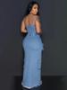 Stylish Denim Suit with Exposed Navel Zipper Top & Multi-Pocket Split Long Skirt