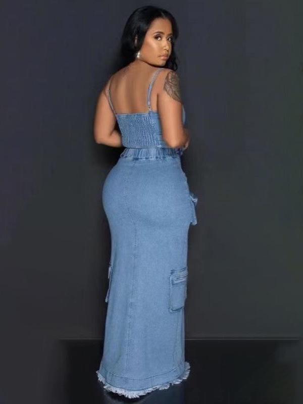 Stylish Denim Suit with Exposed Navel Zipper Top & Multi-Pocket Split Long Skirt