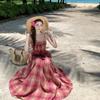 Seaside Vacation Pink Plaid Suspender Dress Is Beautiful, Beautiful and Unique Waist Temperament Long Dress In Summer