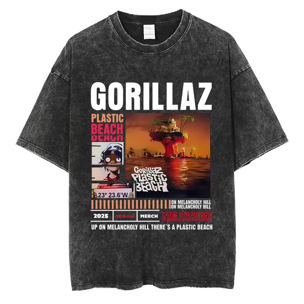 Washed Vintage Rock Band Gorillaz The Mountain Tour T Shirt Men Women Casual Oversized Tshirt Man Retro Rock Gothic Tshirt S