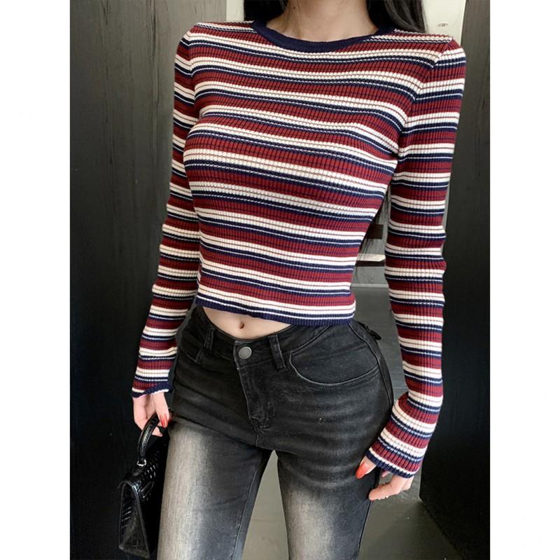 Womens Retro Striped Knit Top Long Sleeve Crewneck Slim Fit Short Base Layer Sweater