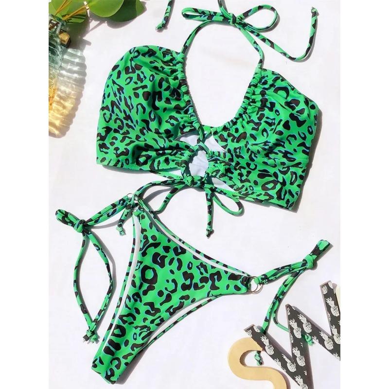 

Сексуальный бикини с высоким вырезом и леопардовым принтом, женский купальник-стринги, женский купальник, комплект из двух частей, купальный костюм со шнуровкой, купальный костюм для плавания M