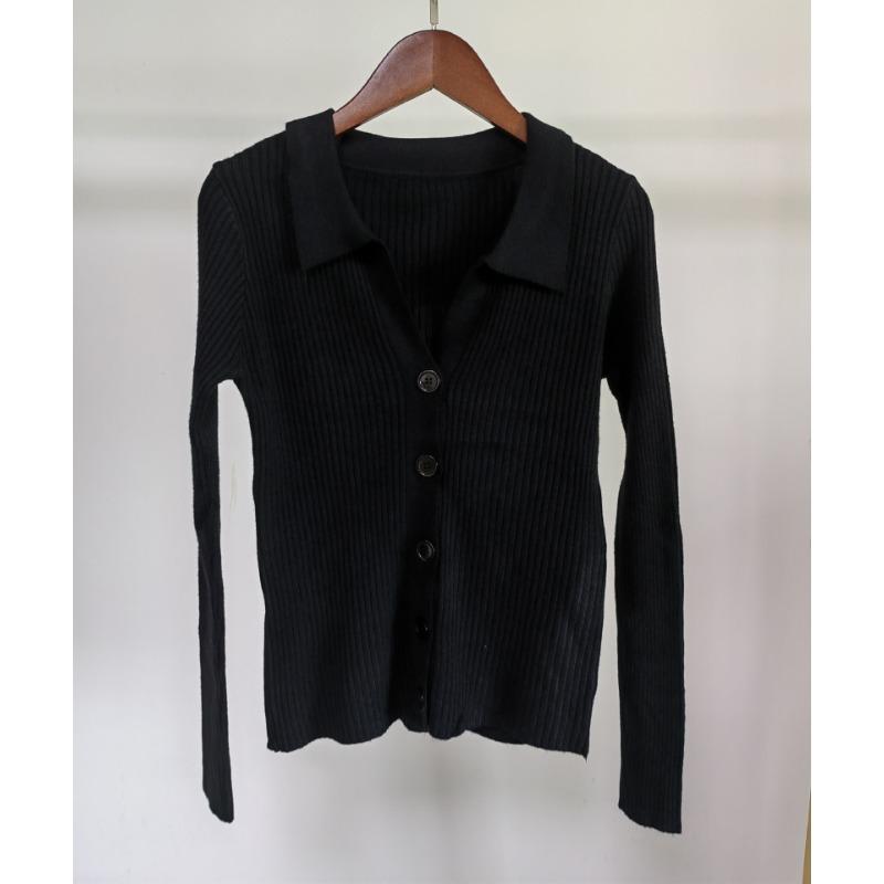 Women Lapel Slim Thin Jacket Buckle Sexy V-neck Long-sleeved POLO Collar Knitted Cardigan Sweater