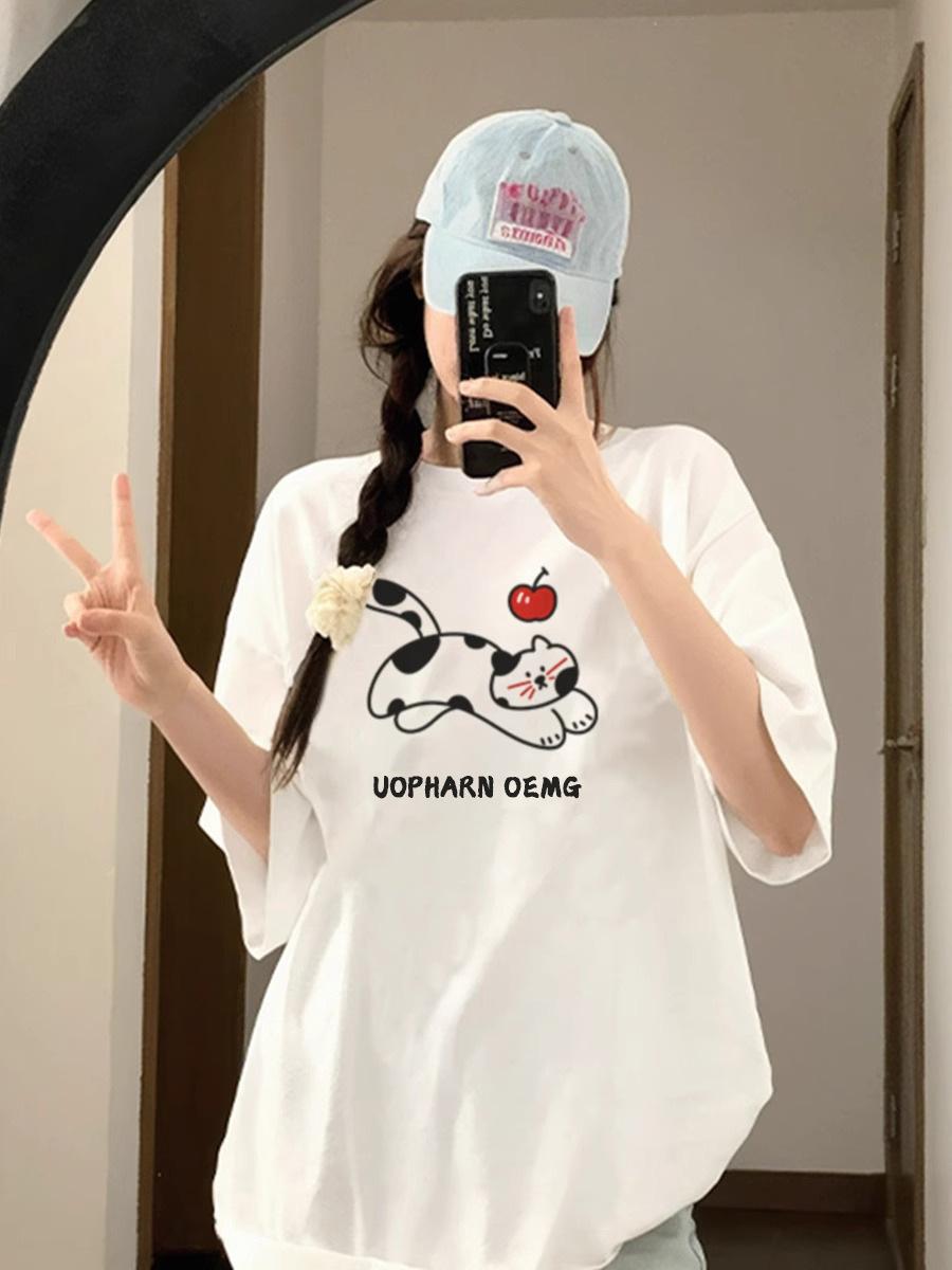 

Korean Style White Cartoon Print Short Sleeve Women s T-Shirt, 2025 Pure Cotton Loose Fit Half Sleeve Top 3XL білий