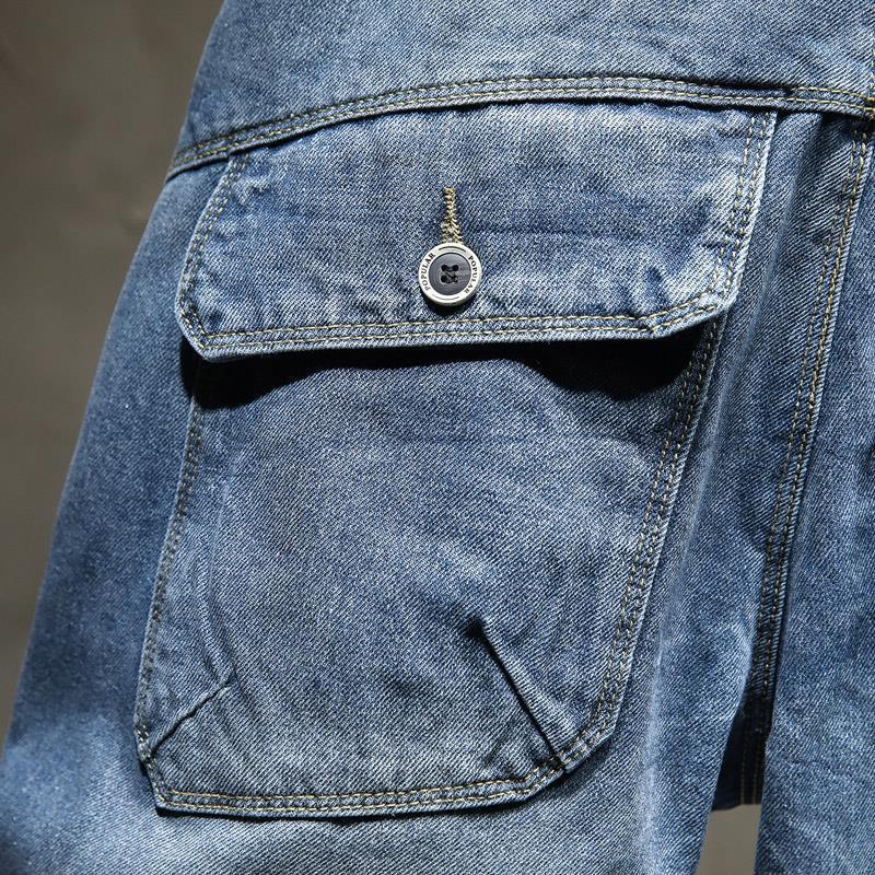 Pánské trendy roztrhané džínové šortky v japonském stylu s mnoha kapsami – letní volný střih