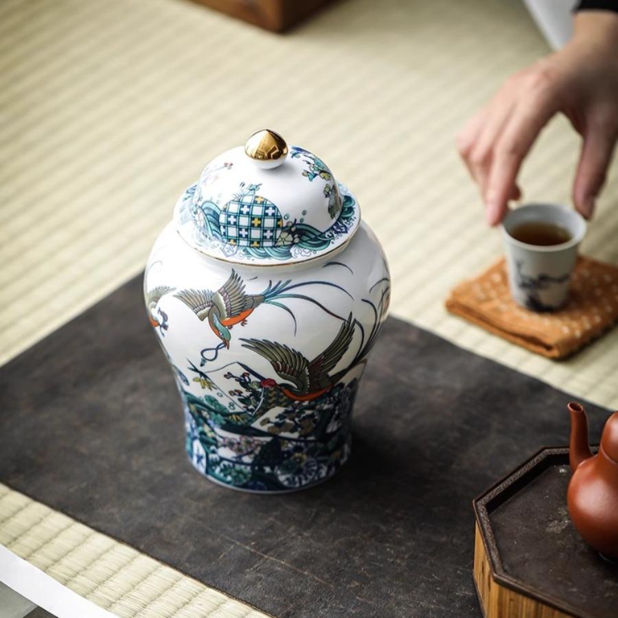 Creative Painted Phoenix Ceramic Tea Jar Large Capacity Storage Bottle Living Room Countertop Ornament Sealed Moisture-proof Jar