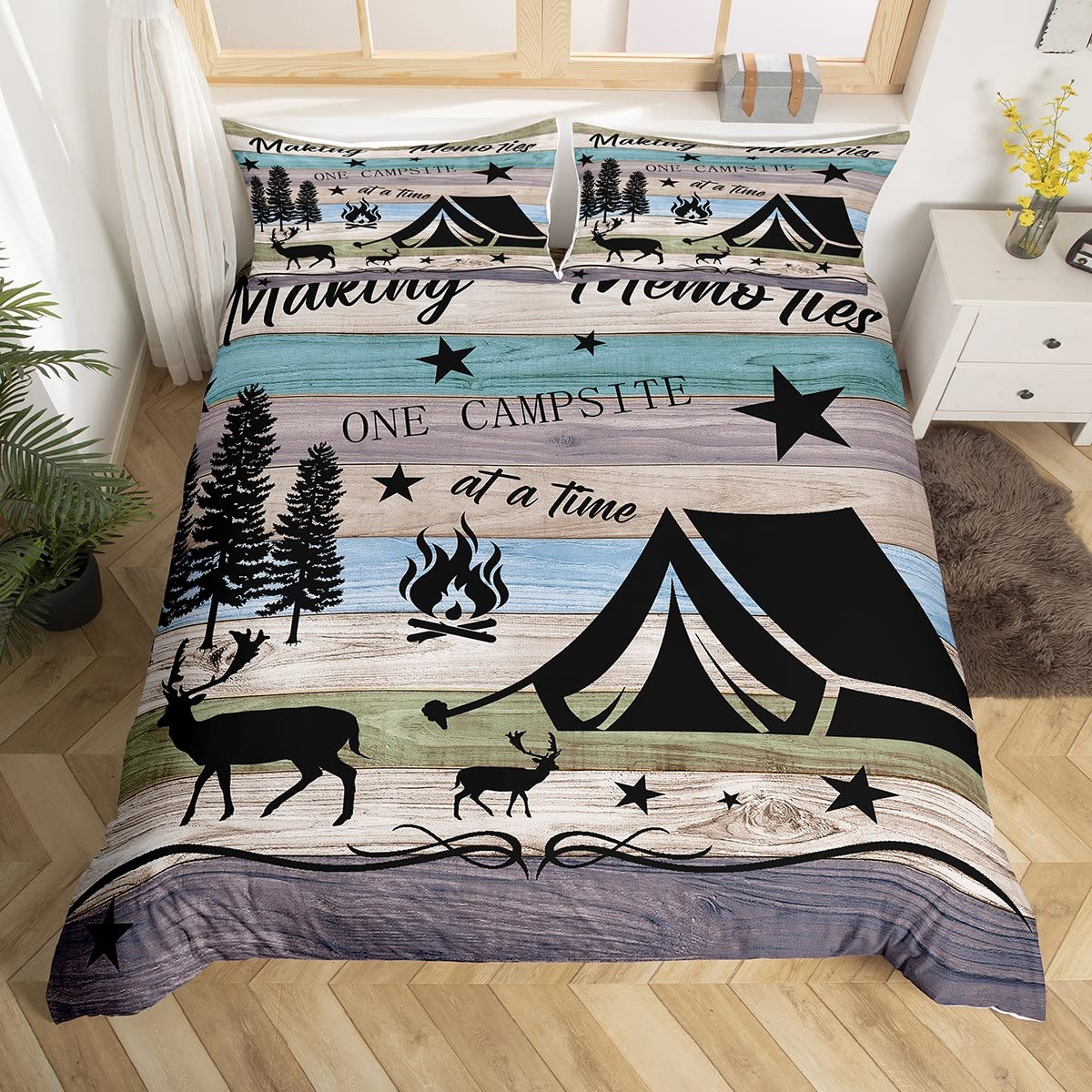 

Пододеяльник Happy Camping, комплект постельного белья в деревенском стиле для кемпинга и автофургона, королевский комплект постельного белья «Звездная ночь», чехол для пододеяльника с тематикой приключений 135x200cm 2pcs