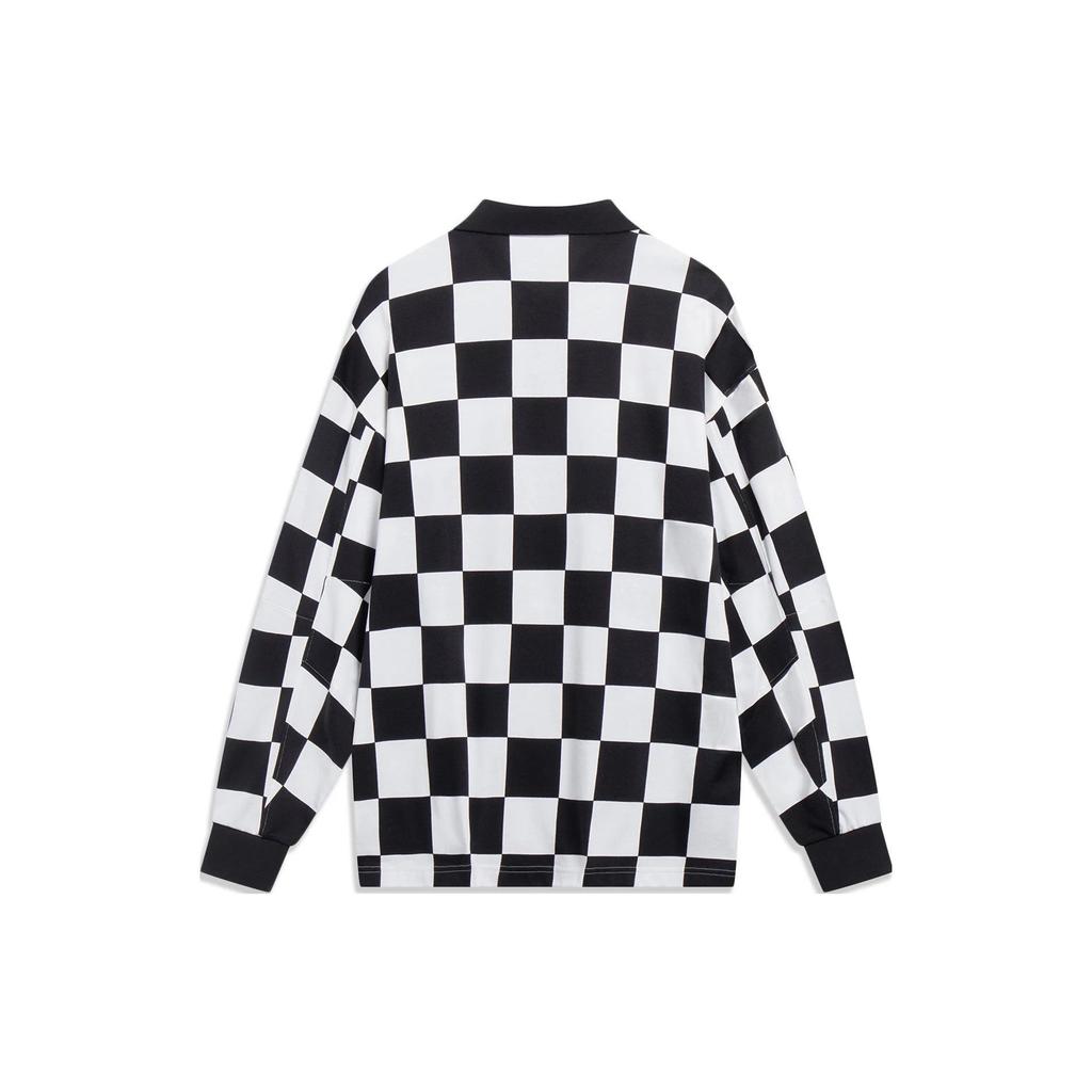 Li-Ning Skateboard Series Logo Embroidered Checkered Print Loose Long Sleeve Polo Shirt Men Tops Black APLT013-1
