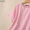 ZANZEA Women Casual Round Neck Loose Half Sleeve Stripe Blouse