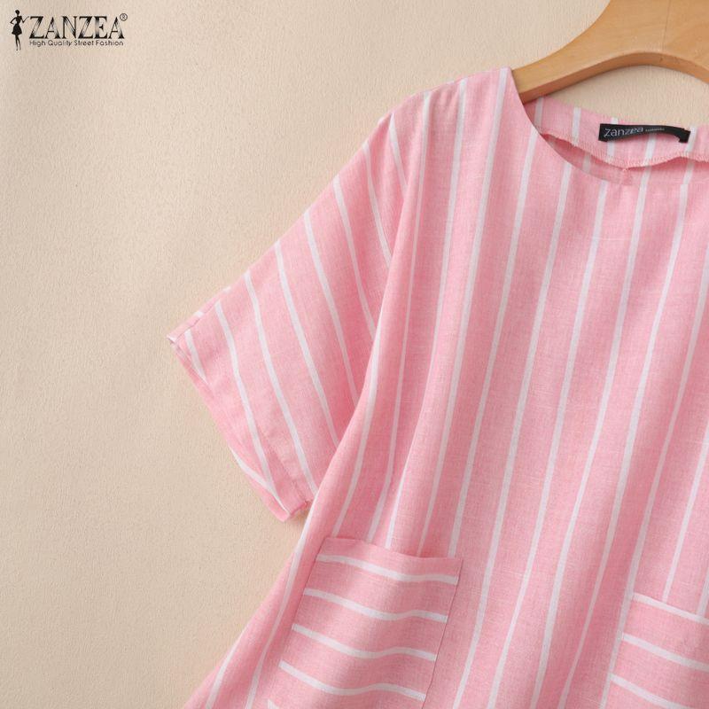 ZANZEA Women Casual Round Neck Loose Half Sleeve Stripe Blouse