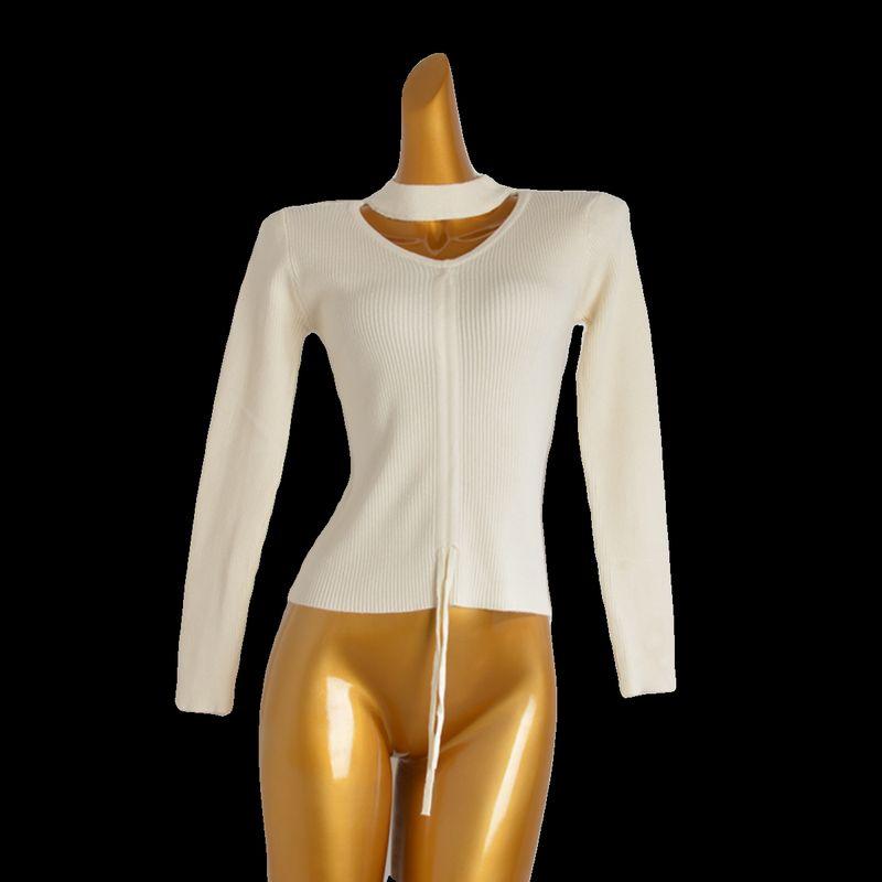 Spring & Fall Fashion Halter Hollow out V-neck Long Sleeves Bottoming Shirt for Women Stylish Slim Fit Drawstring Knitwear Easiest for Match Tops