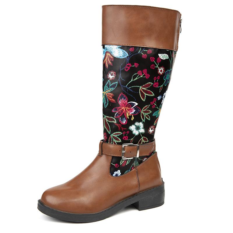 Retro Printed Flower Cowgirl Boots Women Shoes Woman Genuine Leather Mid-calf Boots Winter Bohemian Knight Botas Mujer
