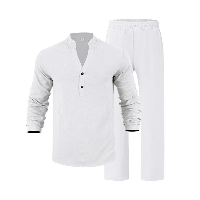 New men s loose-fit, breathable linen V-neck polo shirt and long-sleeved trousers set S