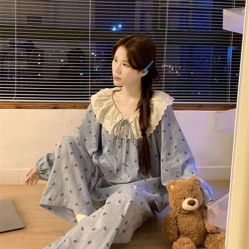 Damen Blumen-Spitzen-Pyjama-Set - Langarm, Süßer Koreanischer Stil, Vielseitig für drinnen und draußen