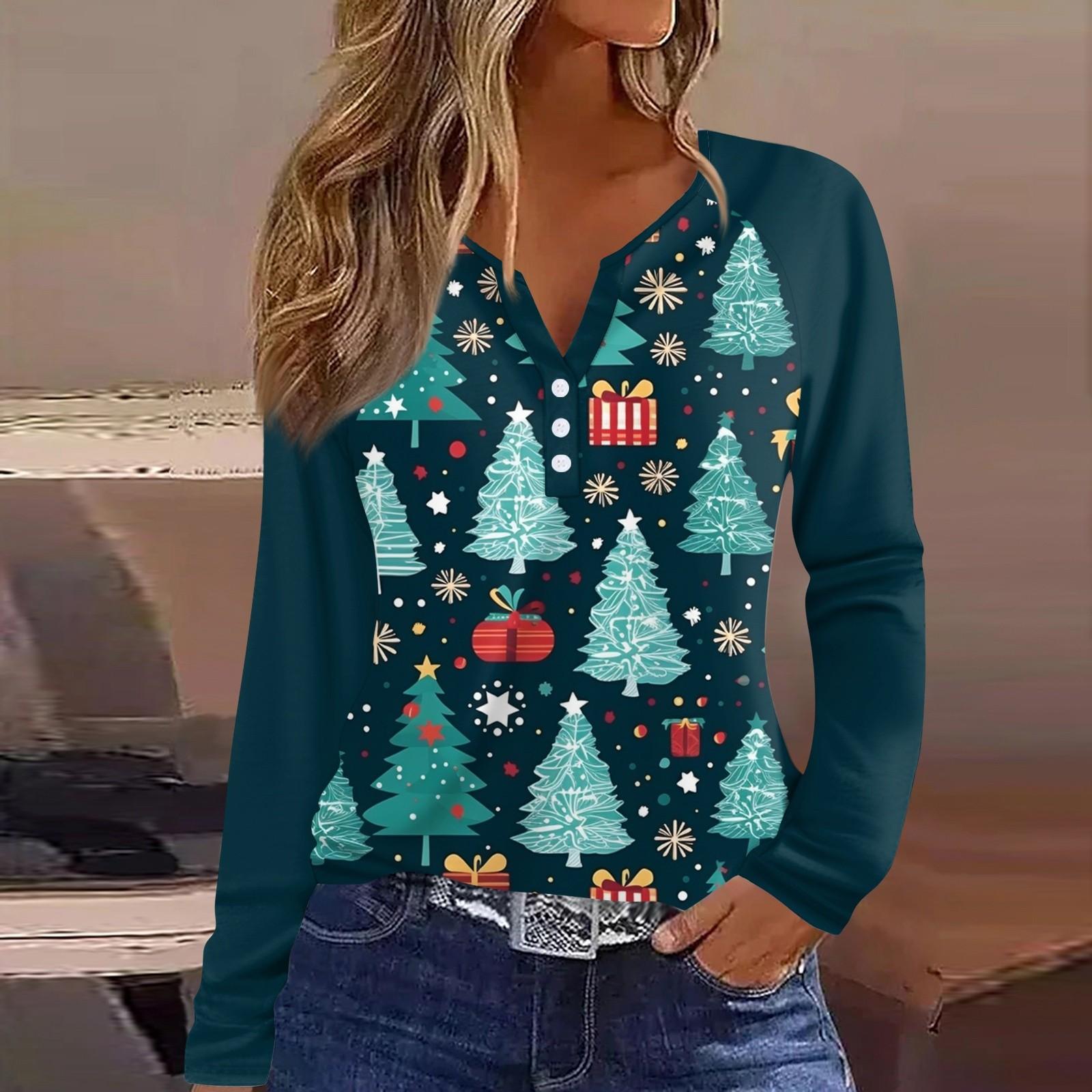 

Женская мода повседневная рождественская печать V-образный вырез рукава реглан с декоративными пуговицами длинный рукав футболка топ L