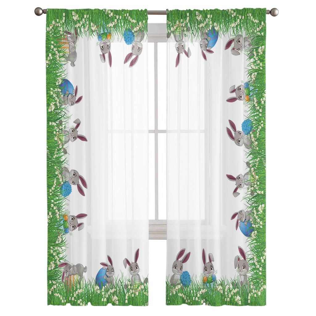 Easter Grass Bunny Eggs Tulle Curtains For Living Room Kitchen Sheer Voile Curtain Bedroom Window Panels