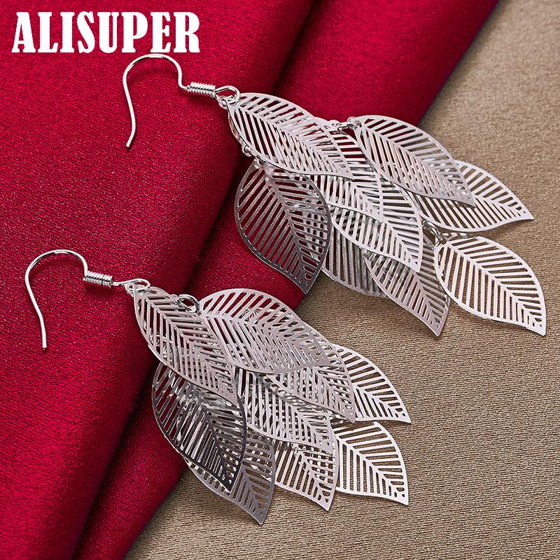925 Sterling Silver Woman Layered Hollow Leaves Tassel Long Drop Earrings Fashion Jewelry