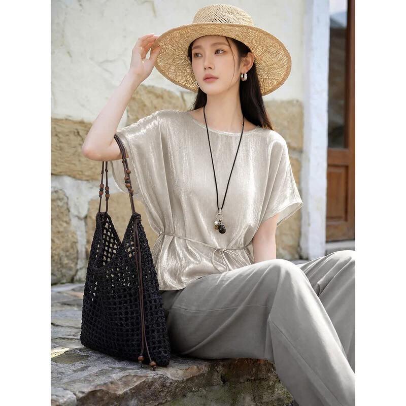 Summer Old Money Style Acetate Linen Off-Shoulder Top & Curved Pants Set S
