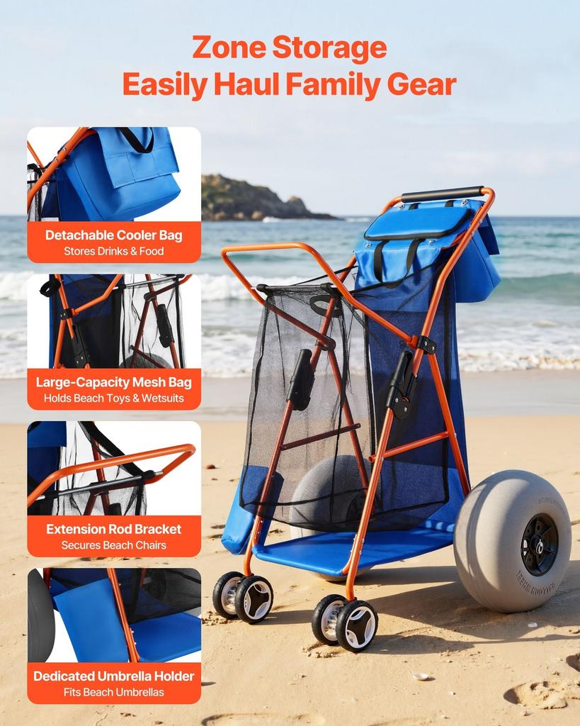 Strandkarre mit großen Rädern für Sand, 75 kg Tragfähigkeit, Robuster faltbarer Strandwagen mit 320 mm Ballonrädern, Isolierte Kühltasche, Sonnenschirm