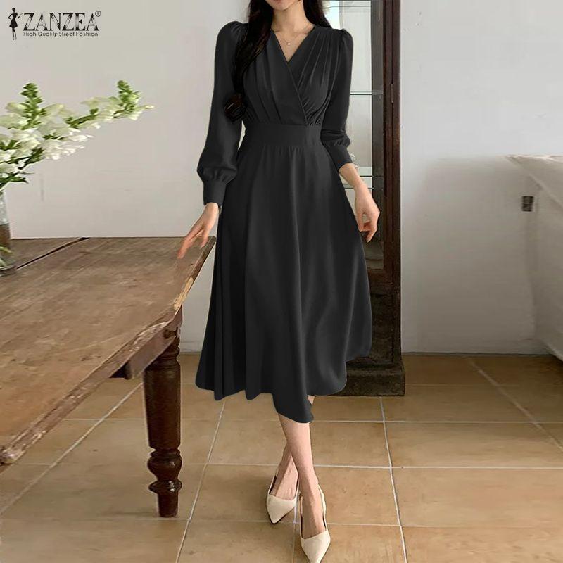 ZANZEA Women Elegant Casual V-Neck Long Sleeve Dress