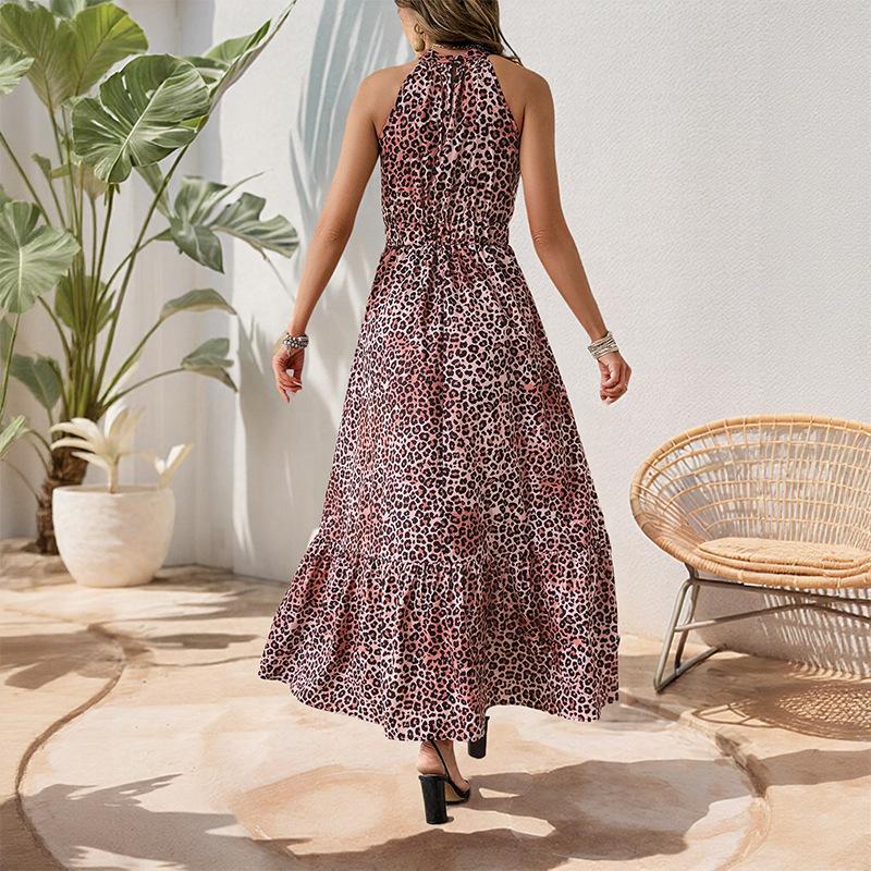 VEZFAA Women's Fashion Summer Spring Leopard Print Sleeveless Hanging Neck High Waist Casual Dresses