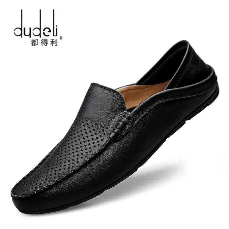 Italian Summer Hollow Shoes Men Casual Luxury Brand Genuine Leather Loafers Men Breathable Boat Shoes Slip On Moccasins
