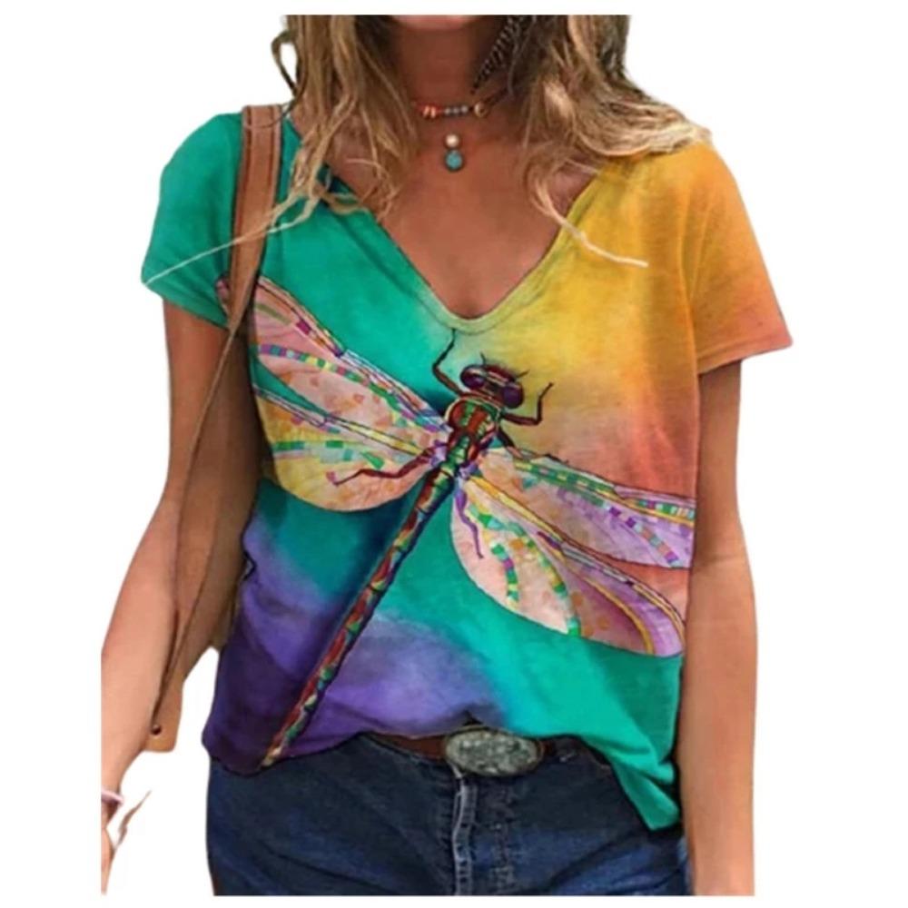 Casual Summer T-shirt 2025 New Women's 3d Floral Print T-shirt Ladies Street Wear Short-sleeved V-neck Top