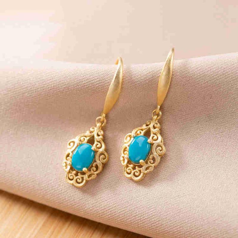 Classic Pastoral Style Cut-Out Pattern Exquisite Oval Turquoise Earings For Women Engagement Jewelry Cheongsam Accessories