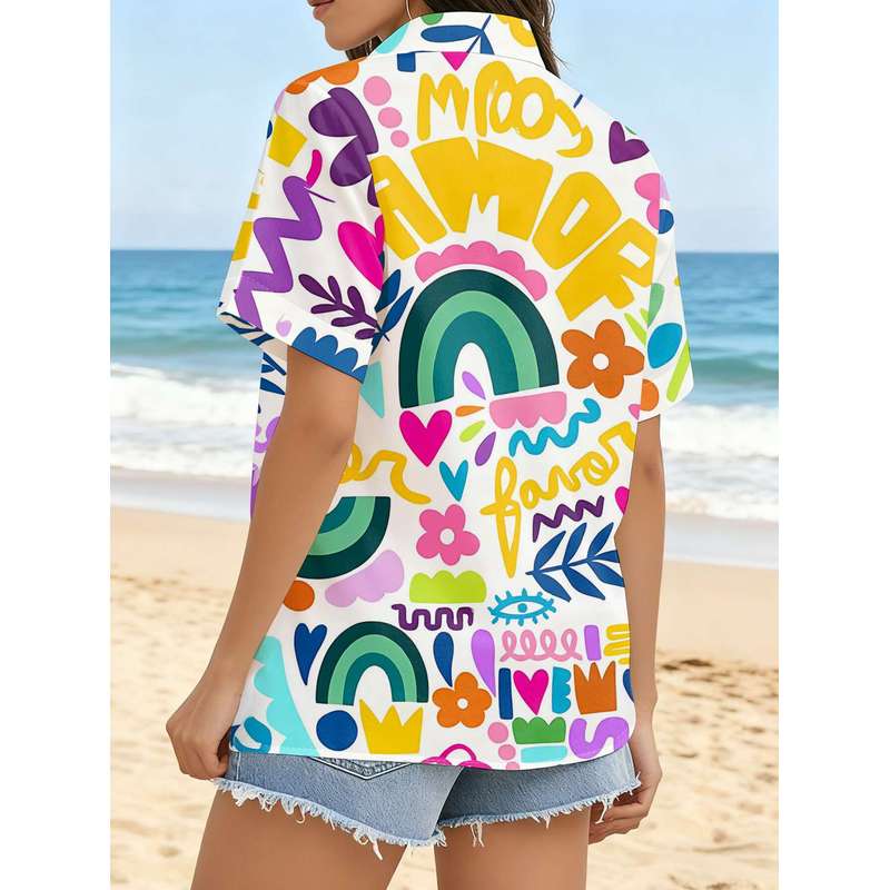 Women's Short Sleeve Button Up Shirt Colorful Graffiti Rainbow Leaf Pattern Commuter Casual Top Machine Washable