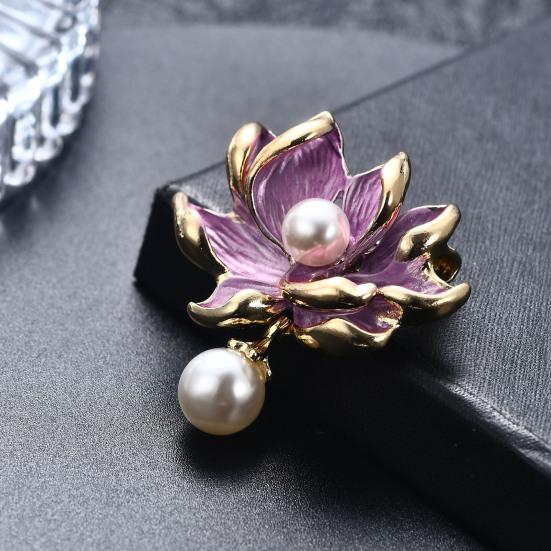 Yousheng Women Brooch Lotus Flower Shape Faux Pearl Decor Contrast Color Realistic Flower High-end Luxury Lady Party Prom Clothes Pin Jewelry Decor