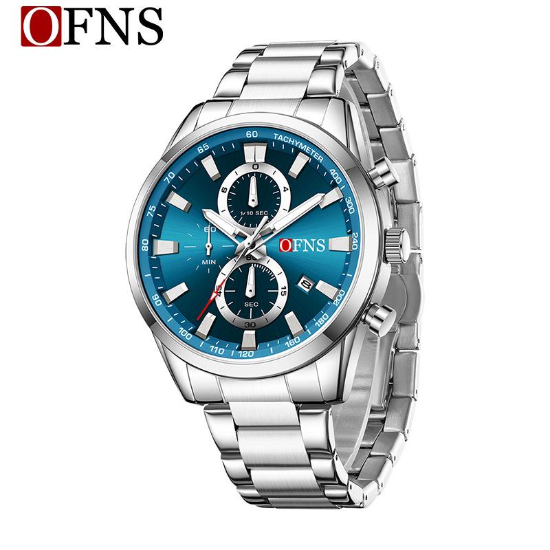 OFNS 3D Sun Dial Quartz Watch: Luminous, Waterproof, Multifunctional Men's Timepiece with Three-Eye, Six-Needle Design and Calendar.