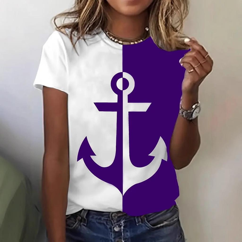 Summer Round Neck 3D Barb Print Top Fashionable Casual Short Sleeved Women's T-shirts