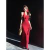 French Spice Girl Temperament Neck Red Neck Dress Women's Summer Chic Three-dimensional Flower Split Dress Long Dress