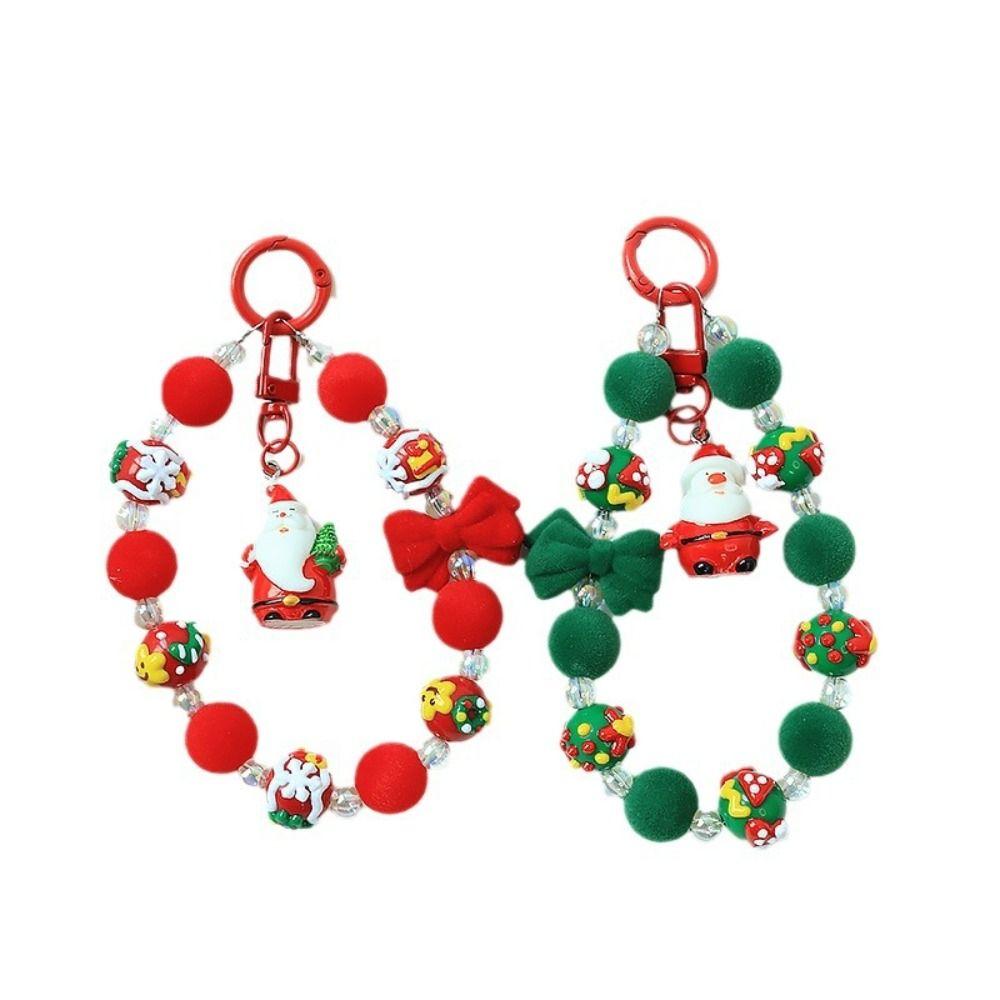 Santa Claus Plush Beads Keychain Christmas Tree Beaded Cell Phone Lanyard  Birthday Gift