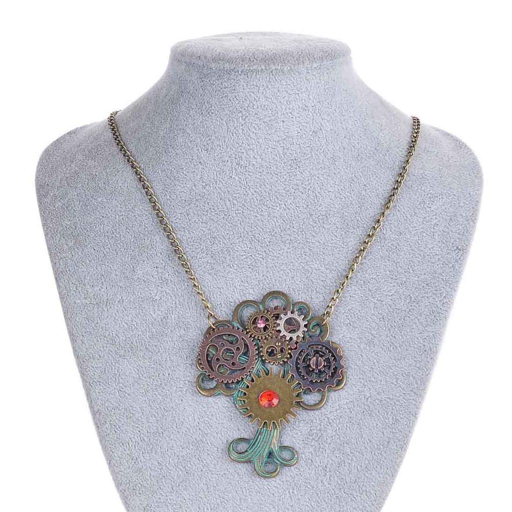 Steampunk Vintage Rhinestone Flerstørrelses Tannhjul Livet på Livets Tre Anheng Halskjede Legeringskjede