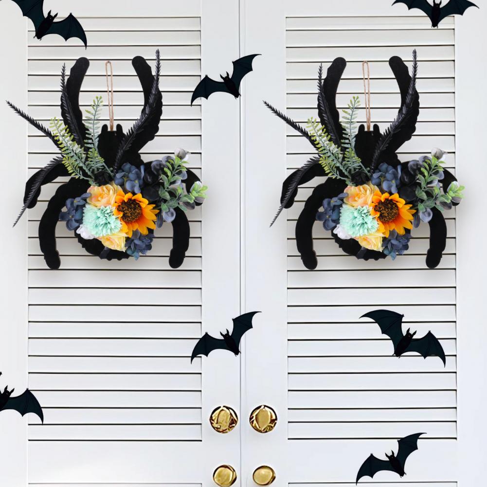 Natural Halloween Wreath Realistic Spider Wreath Black Spider Halloween Wreath with Artificial Flowers for Front Door Wall Decor