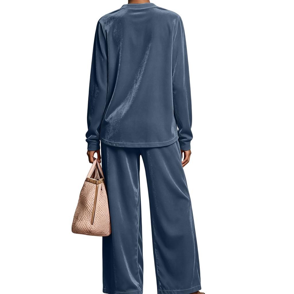 Women's Velour Hoodie and Wide Leg Pants Set High Waist Flowy Suit with Draping Fabric