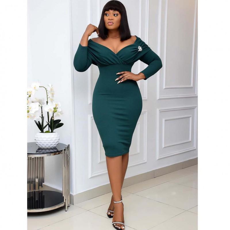 

Women s Clothing Autumn Sexy V-neck Pleated Dress Large Size African Mother s European American M зелёный