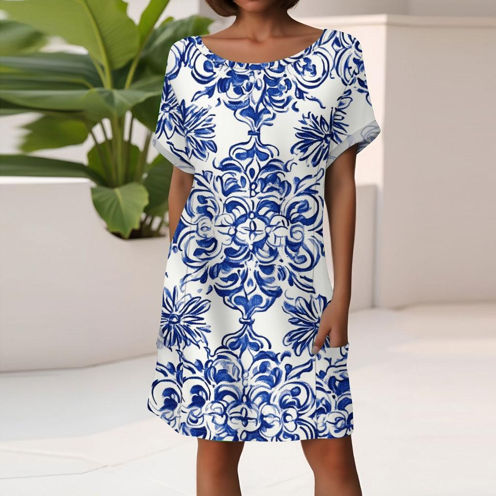 Damenmode Kurzarmkleid mit Taschen Blumendruck Lässiges Strandkleid