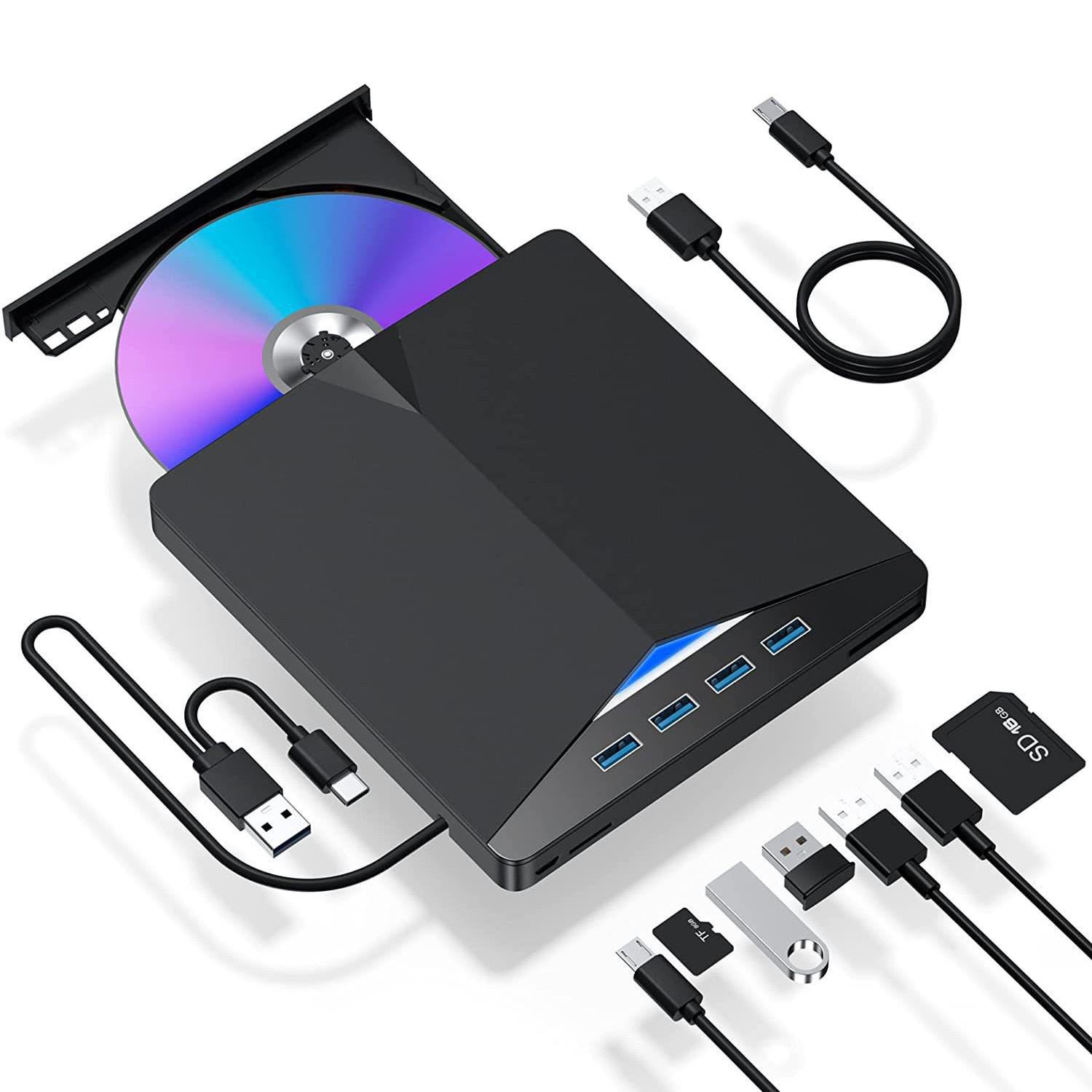 Seven-in-One Multi-Functional USB/Type External DVD Burner with USB Flash Drive Connect чёрный