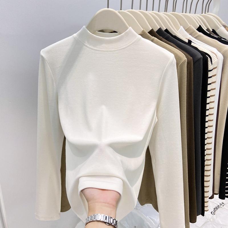 A thin velvet warm small stand-up collar bottoming shirt for women's autumn and winter simple slim and thin long-sleeved shirt