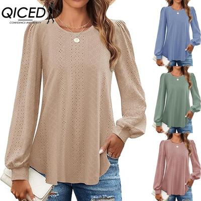 Women's Fashion Casual Solid Color Print Long Sleeve O Neck Blouses & Shirts