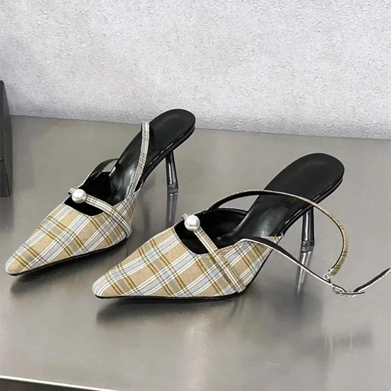 Fashion Retro Plaid Design High Heels Women Summer Elegant Slingbacks Heeled Sandals Sexy Pointed Toe Women Pumps Sandalias De Mujer