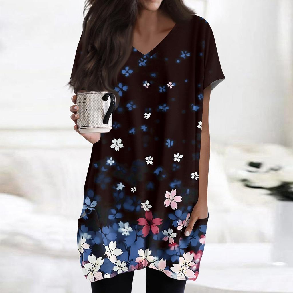 Topuri de damă cu decolteu în V Bluze cu mâneci scurte Cămăși ocazionale de lungime mijlocie Tunica cu imprimeu la modă Topuri cu buzunare