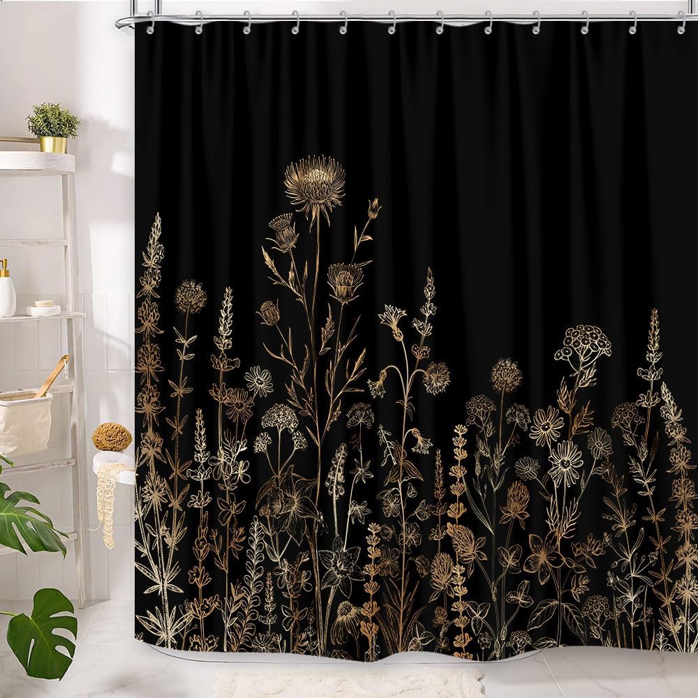 Vintage Black Gold Boho Shower Curtain, Dark Wildflower Botanical Print, Farmhouse Floral Art with Hooks