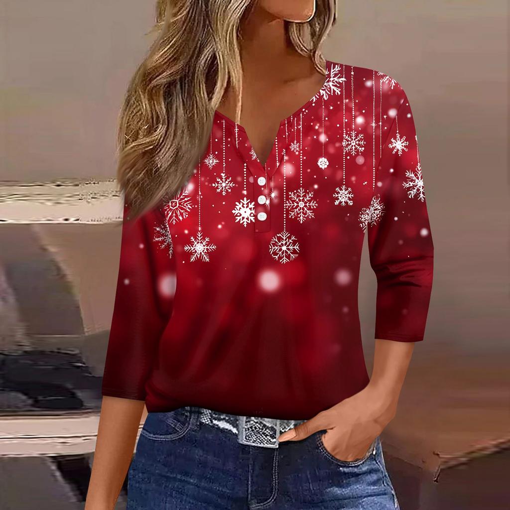 Damska koszulka z nadrukiem świątecznym, guzikami, rękawami 3/4, codzienna, weekendowa, modna, podstawowa, dekolt w serek, regularny top