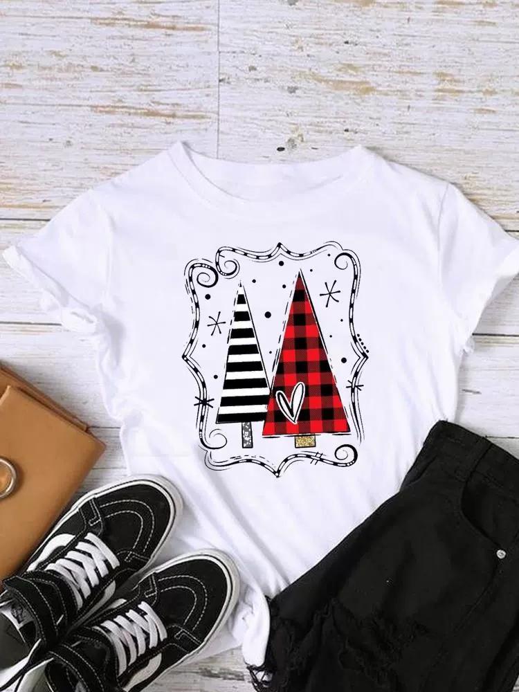 Christmas Womens Round Neck Short Sleeved Christmas Tree Reindeer Print Womens Loose Oversized Comfortable White Tshirt