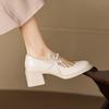 Krazing Pot Microfiber Round Toe Thick Med Heels Spring Summer Shoes Big Size 43 Pearl Bowtie Women Platform Pumps
