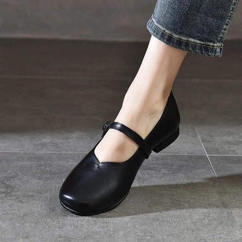 Johnature Buty Mary Jane w stylu retro. Damskie czółenka z prawdziwej skóry. Wszechstronne buty na niskim obcasie z okrągłym noskiem
